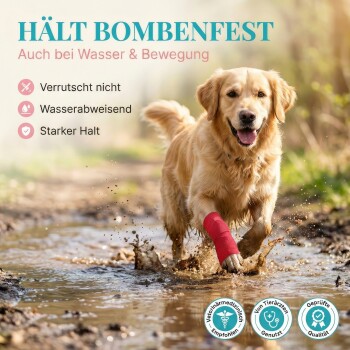 Rote selbstklebende Verbandrolle, die für Menschen und Tiere gekennzeichnet ist, mit 'Exzellente Haftung' und 'Keine Pflaster oder Klammern nötig.'
