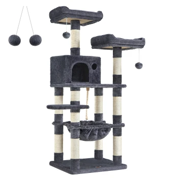 Grauer Katzenbaum mit zwei erhöhten Plattformen, einem gemütlichen Versteck, einer Hängematte und herabhängenden Pompons zum Spielen.