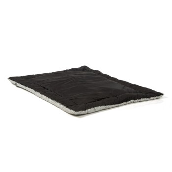 Schwarzes Haustierbett mit einer weichen, grauen Fleece-Innenseite, mit einem gesteppten Design und rechteckiger Form.