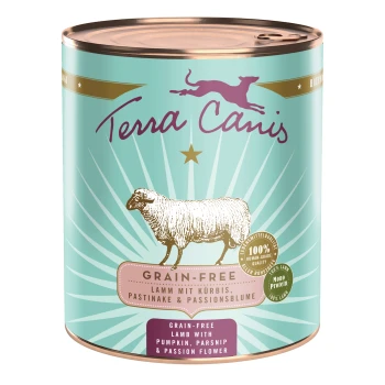 Boîte de nourriture pour chiens sans céréales Terra Canis avec de l'agneau, de la citrouille, du panais et de la fleur de passion, avec une illustration de mouton et un design en étoile.