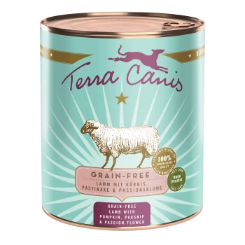 Dose mit Terra Canis getreidefreiem Hundefutter mit Lamm, Kürbis, Pastinake und Passionsblume, mit einer Schafillustration und einem Sternen-Design.
