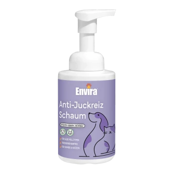 Flasche mit Envira Anti-Juckreiz-Schaum für Haustiere, mit einer Illustration von Hund und Katze, mit Text, der die Wirksamkeit gegen Juckreiz hervorhebt.