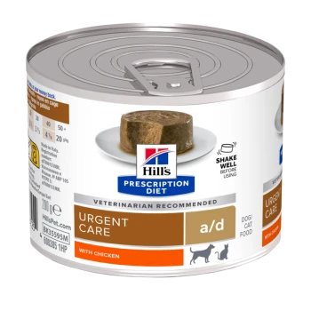 Hill's Prescription Diet a/d Urgent Care Dosenfutter für Hunde und Katzen mit Huhn, mit einem Aufreißdeckel und einer Portion auf einem Teller.