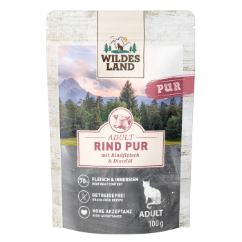 Wildes Land Katzenfutterbeutel Adult 'Rind Pur', Rindfleischfutter mit Bergwaldmotiv; Aufdruck 'ADULT RIND PUR', getreidefrei, 100 g