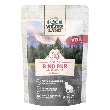 Wildes Land Katzenfutterbeutel Adult 'Rind Pur', Rindfleischfutter mit Bergwaldmotiv; Aufdruck 'ADULT RIND PUR', getreidefrei, 100 g