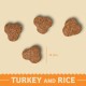 Four brown, heart-shaped pet food kibble pieces on a light beige background, with "TURKEY AND RICE" text and a size indicator of "14 mm."