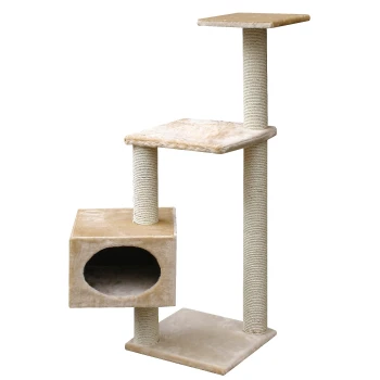 Arbre à chat avec trois plateformes et un coin douillet, présentant des poteaux à gratter en sisal et un tissu beige doux.