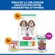 Sac pour chiot Hill's Science Plan et deux boîtes d'aliment humide ; texte visible 'PUPPY <1' et un en-tête français sur le mélange de croquettes et pâtés