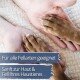 Hände halten braune Hundepfoten; sichtbarer Text: Für alle Fellarten geeignet · Sanft zur Haut & Fell Ihres Haustieres