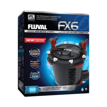 Emballage du filtre à cartouche Fluval FX6 présentant une unité noire avec des connecteurs rouges et blancs et des caractéristiques comme "NOUVEAU ! FX Easy Water Change."