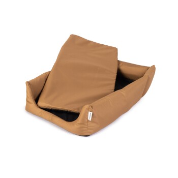 Ein gemütliches, braunes Haustierbett mit einem abnehmbaren Kissen, aus weichem Stoff und mit schwarzem Innenraum, ideal für kleine bis mittelgroße Haustiere.