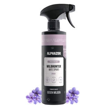 ALPHAZOO Force MILBHUNTER Milbenspray für Hunde und Katzen, mit Illustrationen eines Hundes und einer Katze sowie Anwendungshinweisen.