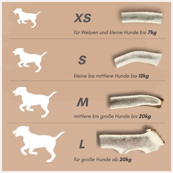 Größenleitfaden für Hundekauartikel mit Silhouetten und Kauartikeln für XS (bis 7 kg), S (bis 12 kg), M (bis 20 kg) und L (über 20 kg) Hunde.