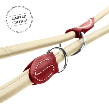 Eine Nahaufnahme einer limitierten Hundeleine mit einem beigen Riemen, roten Lederakzenten und silbernen Ringen, beschriftet mit "LIMITED EDITION."