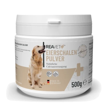 Behälter mit REAVET Eierschalen Pulver, einem natürlichen Kalziumpräparat für Hunde, mit einem Golden Retriever auf dem Etikett, 500g.