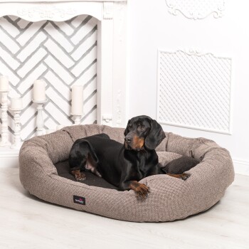 Ein schwarz-brauner Hund, der sich in einem gemütlichen, braunen Haustierbett entspannt, vor einem stilvollen weißen Kamin mit Kerzen.