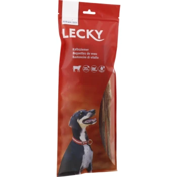 Emballage rouge pour les friandises pour chiens Lecky avec un chien heureux sur le devant, étiqueté "Kalbsziemer" et "100% naturel."