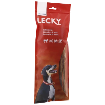 Rote Verpackung für Lecky-Hundeleckerlis mit einem glücklichen Hund auf der Vorderseite, beschriftet mit "Kalbsziemer" und "100% natürlich."