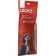 Rote Verpackung für Lecky-Hundeleckerlis mit einem glücklichen Hund auf der Vorderseite, beschriftet mit "Kalbsziemer" und "100% natürlich."