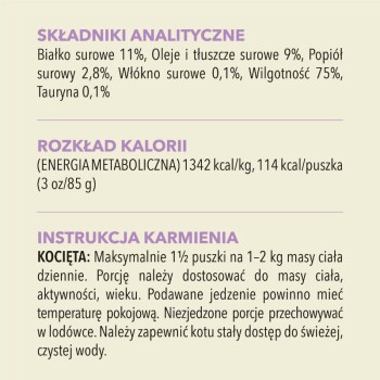 Analiza składników i instrukcje żywieniowe dla karmy dla zwierząt, w tym białko, tłuszcz, błonnik, wilgotność i rozkład kalorii.