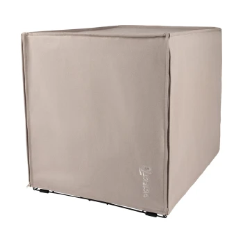 Ein beiger Haustierkäfigbezug mit einem eleganten Design, der das Logo "DISTRICT70" auf der Vorderseite zeigt.