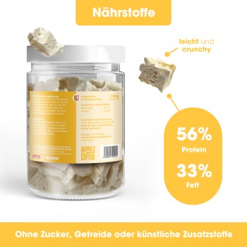 Tierleckerlidose beschriftet mit "KAU DAS" mit gefriergetrocknetem Käse, 750g reduziert auf 150g. Text: "Gefriertrocknungsprozess", "Hergestellt in Deutschland."