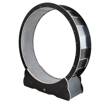 Ein großes, rundes Holzlaufband für Haustiere, mit einem schwarzen Äußeren und einer strukturierten grauen Laufoberfläche, entworfen für kleine Tiere.