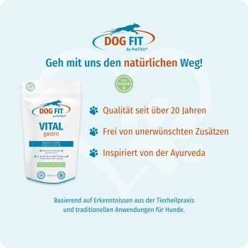 Dog Fit Vital Gastro Beutel, Logo und 100% VEGAN-Siegel, deutsche Überschrift 'Geh mit uns den natürlichen Weg!'