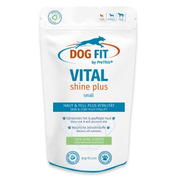 DOG FIT Vital Shine Plus small Hundesupplement-Beutel, Logo und Text 'Skin & Coat Plus Vitality'.
