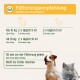 Fütterungsempfehlungstabelle für Haustiere, die die Dosierung für Hunde und Katzen basierend auf dem Gewicht detailliert, mit Bildern eines Hundes und einer Katze.