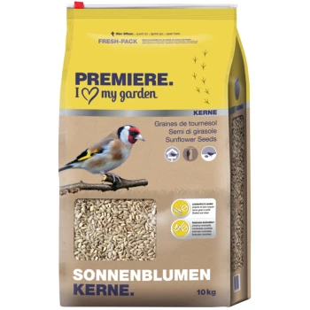 Ein 10 kg Sack Sonnenblumenkerne für Vögel, beschriftet mit 'PREMIERE. I ❤️ my garden,' mit einem bunten Stieglitz, der auf einem Ast sitzt.