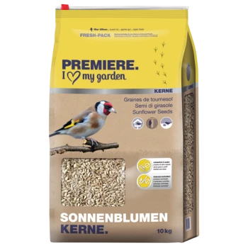 Ein 10 kg Sack Sonnenblumenkerne für Vögel, beschriftet mit 'PREMIERE. I ❤️ my garden,' mit einem bunten Stieglitz, der auf einem Ast sitzt.