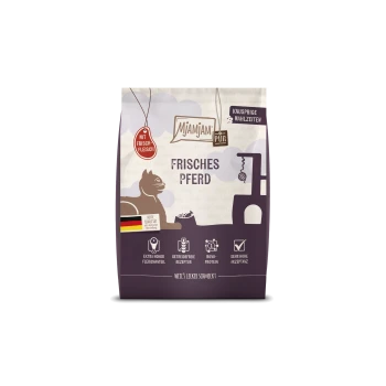 Mjamjam Pur Katzenfutterbeutel mit der Aufschrift 'Frisches Pferd', Katzensilhouette, 'Mit Frisch-Fleisch'-Kennzeichnung und deutschen Icons.