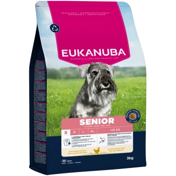 Sac de nourriture pour chiens Eukanuba Senior pour petits chiens de moins de 10 kg, riche en poulet frais, soutient la gestion du poids et la digestion, 3 kg.