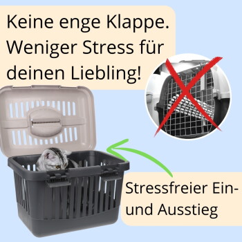 Katze in einer oben zu öffnenden Transportbox; Einblendung zeigt Vordertür durchgestrichen. Text: 'Keine enge Klappe. Weniger Stress für deinen Liebling!'