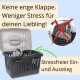 Katze in einer oben zu öffnenden Transportbox; Einblendung zeigt Vordertür durchgestrichen. Text: 'Keine enge Klappe. Weniger Stress für deinen Liebling!'