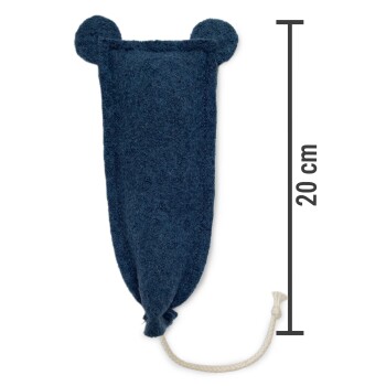 Marineblaues Filzmaus-Katzenspielzeug mit zwei runden Ohren und Seilschwanz, gezeigt neben einer '20 cm'-Markierung.