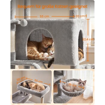 Grauer Plüschkratzbaum mit zwei schlafenden Katzen in einer Höhle; oranger Text: "Bequem für große Katzen geeignet" und cm-Angaben.