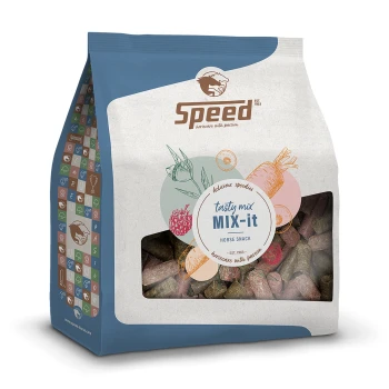Tüte mit 'Speed' Tasty Mix MIX-it Pferdesnack, mit einem klaren Fenster, das bunte Leckereien zeigt, mit Illustrationen von Früchten und Gemüse.
