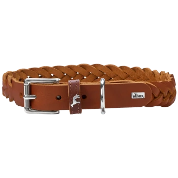 Ein geflochtener brauner Lederhundehalsband mit einer silbernen Schnalle und einem kleinen metallenen Hundesymbol, mit dem Markennamen 'HUNTER'.