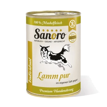 Dose Sanoro Hundefutter mit einer Illustration eines springenden Hundes, beschriftet mit "Lamm pur" und "100% Muskelfleisch" sowie "Premium Hundenahrung."