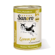 Dose Sanoro Hundefutter mit einer Illustration eines springenden Hundes, beschriftet mit "Lamm pur" und "100% Muskelfleisch" sowie "Premium Hundenahrung."