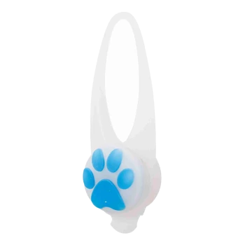 Distributeur de sacs à déchets pour animaux de compagnie blancs avec un design de patte bleue, doté d'une boucle pour l'attache.