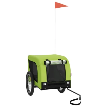 Grüner Haustieranhänger mit schwarzem Boden, zwei Rädern, Netzfenstern und einer Sicherheitsflagge, entworfen für den Transport von Haustieren.