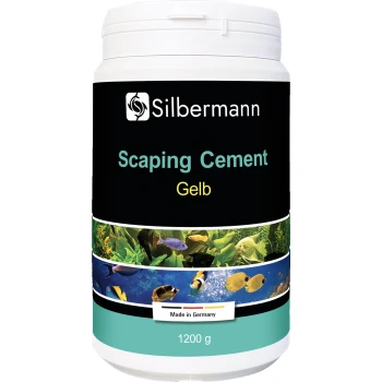 Behälter mit Silbermann Scaper's Cement, gelb, 1200 g, mit aquatischen Bildern auf dem Etikett, ideal für die Aquarienlandschaftsgestaltung.
