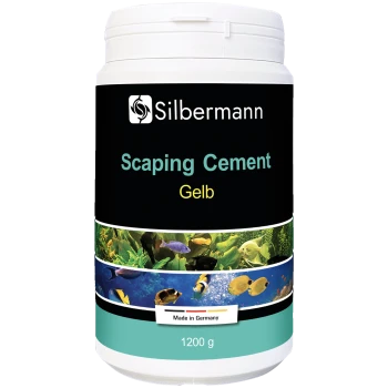 Behälter mit Silbermann Scaper's Cement, gelb, 1200 g, mit aquatischen Bildern auf dem Etikett, ideal für die Aquarienlandschaftsgestaltung.