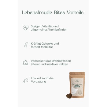 Lebensfreude Bites Verpackung mit aufgelisteten Vorteilen: steigert die Vitalität, stärkt die Gelenke, verbessert das Wohlbefinden älterer Katzen, unterstützt die Verdauung.
