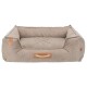 Ein gemütliches, rechteckiges Haustierbett aus weichem beigen Stoff mit einem Kompassdesign in der Mitte und einem Ledergriff an der Vorderseite.
