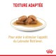 Assiette de nourriture pour chien molle et brune dans une sauce, étiquetée "TEXTURE ADAPTÉE," promouvant la stimulation de l'appétit pour les Labrador Retrievers.
