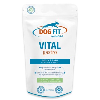 Weißer wiederverschließbarer Beutel von DOG FIT Hundefutter mit Aufschrift „VITAL gastro“, „Magen & Darm / Stomach & Intestine“, „100% VEGAN“